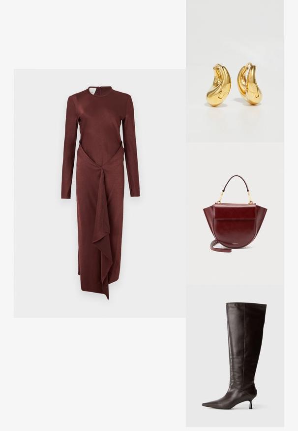 Vestido largo de manga larga color marrón con un cuello alto, diseño anudado en la cintura y una falda drapeada y fluida. Textura de tela suave en todo el vestido.; Bota de cuero marrón hasta la rodilla con punta afilada y tacón delgado. Textura suave y diseño elegante, con una silueta minimalista.; Bolso de mano de cuero rojo oscuro con asa superior, herrajes dorados, bolsillo delantero con solapa y correa larga, sobre un fondo claro y liso.; Pendientes de aro de oro con forma curva y suave, y acabado pulido. Presentan un mecanismo de cierre y ligeras indentaciones para un toque de detalle.