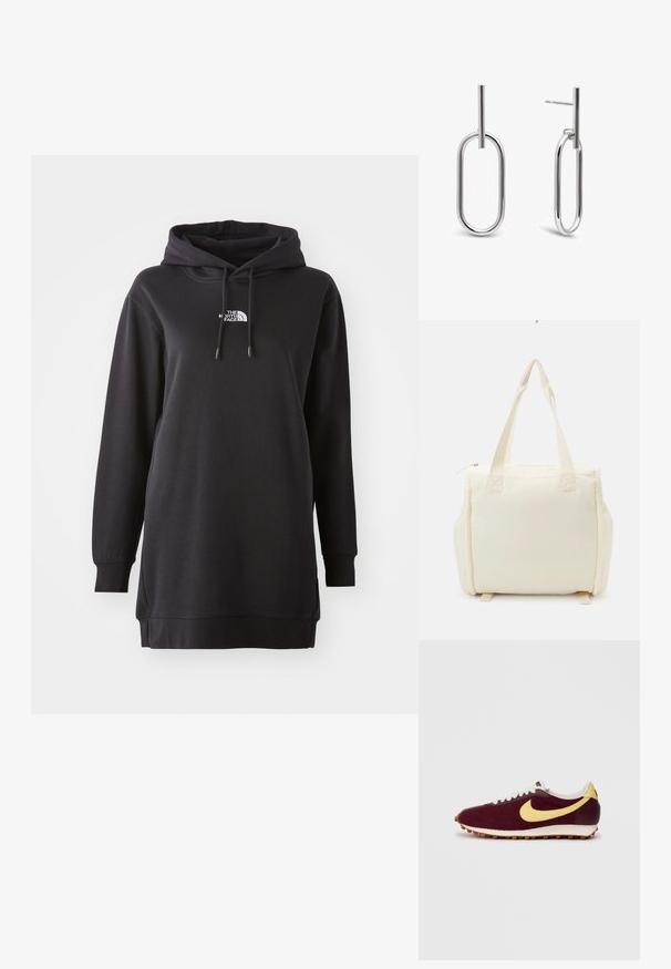 Sort hoodie kjole lavet af blødt stof, med en front kangaroo lomme, justerbar snørehætte og et lille logo på brystet.; Mørkerøde sneakers med gul swoosh, hvide snørebånd og en tekstureret stofoverdel. Gummisål med rillemønster. Klassisk løbesko design.; Kræmfarget totebag med blød, quiltet tekstur og to solide håndtag. Har en lynlåslukning og sidelommer til ekstra opbevaring.; Sølv hoop øreringe med forlængede ovale former, der har glatte overflader og en minimalistisk vertikal stangaccent. Standard post bag.