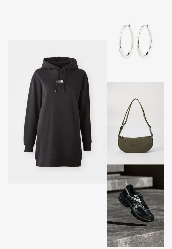 Sort hoodie kjole lavet af blødt stof, med en front kangaroo lomme, justerbar snørehætte og et lille logo på brystet.; Sort og sølv Nike løbesko svævende over betontrappe, viser detaljeret design og tekstureret sål i udendørs omgivelser.; Olivengrøn skuldertaske med en buet form, lavet af blødt stof, med en lynlås i toppen, justerbare stropper og præget logo-detalje.; Sølvøreringe i form af hoops med en glat, blank finish. Cirkulær form, der har en sikker lås. Simpelt og elegant design.