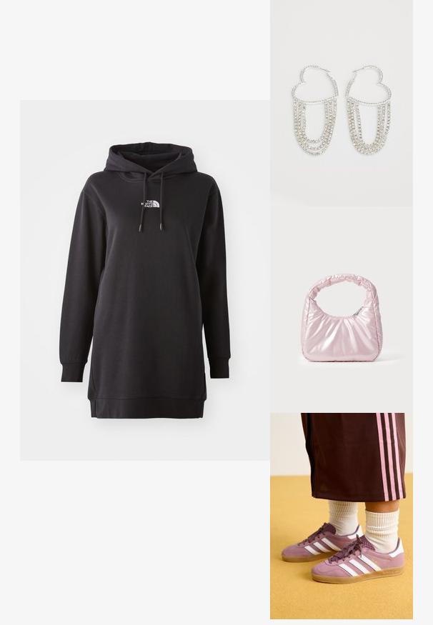 Zwarte hoodie jurk van zachte stof, met een kangoeroezak aan de voorkant, een verstelbare trekkoordcapuchon en een klein logo op de borst.; Paarse suede sneakers met witte strepen, rubberen zool en gestructureerde accenten, gecombineerd met geribbelde witte sokken en een bruine trainingsbroek met roze strepen.; Roze, gevoerde handtas met een afgeronde vorm, gemaakt van glanzend materiaal. Beschikt over een geplooide handgreep en een ritssluiting voor veilige toegang.; Zilveren oorringen in de vorm van een hart, versierd met watervalletjes van heldere rhinestones voor extra sprankeling en textuur.