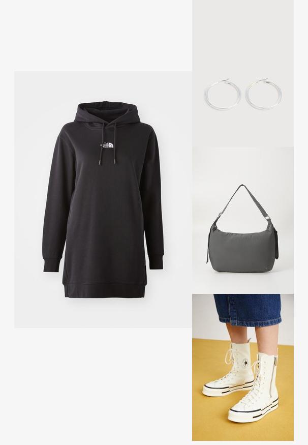 Sort hoodie kjole lavet af blødt stof, med en front kangaroo lomme, justerbar snørehætte og et lille logo på brystet.; Hvide høj-top sneakers med lynlåslukning, snørresystem og sorte striber på en tyk sål. Tekstureret kanvasmateriale.; Grå polstret skuldertaske med en buet form, en glat tekstur, justerbar strop og et diskret prægede logo på forsiden.; Par skinnende sølvøreringe med tynde trådlåse, vist på en lys grå baggrund.