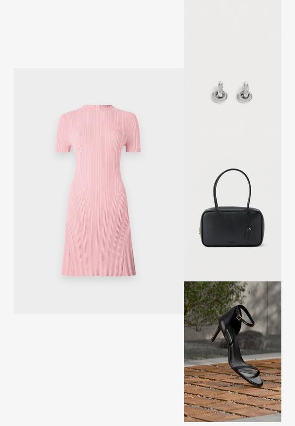 Robe rose à la longueur des genoux avec des manches courtes, texture côtelée, légère volute au niveau du col et forme évasée. Fini lisse.; Sandale noire à talon haut avec sangle à la cheville, suspendue au-dessus d'un sol en carreaux de bois à l'extérieur, avec un arrière-plan flou de verdure et de pierre.; Sac à main rectangulaire noir avec doubles poignées arrondies, fermeture éclair dorée et logo "HUGO" embossé sur le devant avec une étiquette en cuir attachée.; Paire de petites boucles d'oreilles créoles argentées brillantes avec une base ronde, présentées sur un fond clair uni.