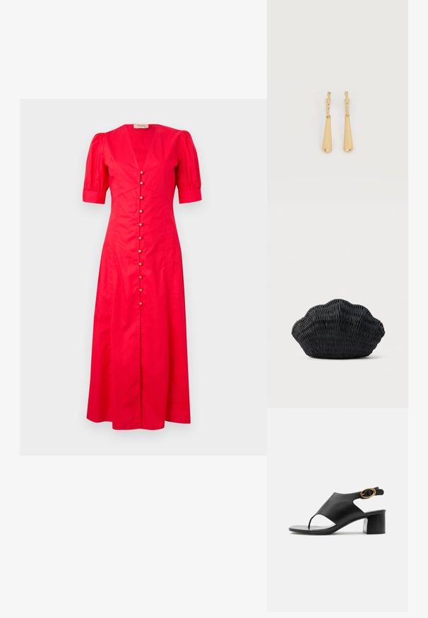 Rotes Baumwoll-Midikleid mit kurzen Puffärmeln, tiefem V-Ausschnitt und einer Frontknopfleiste mit dekorativen Knöpfen in der Mitte.; Schwarze Leder-Damenslingback-Sandale mit offenem Zeh, goldener ovaler Schnalle und Blockabsatz auf weißem Hintergrund.; Schwarze Korbtasche in Muschelform mit gebogenem Oberteil und gewebter Textur auf einfarbigem Hintergrund.; Ohrhänger in Gold-Ton mit glatten, länglichen Tropfenanhängern, die an kleinen Creolenverschlüssen hängen, auf weißem Hintergrund.