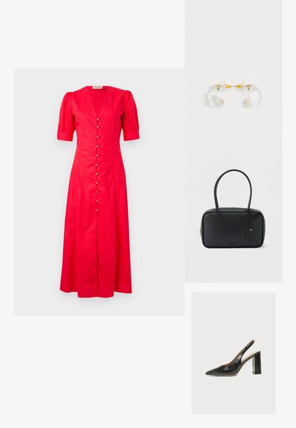 Rotes Baumwoll-Midikleid mit kurzen Puffärmeln, tiefem V-Ausschnitt und einer Frontknopfleiste mit dekorativen Knöpfen in der Mitte.; Schwarzer Leder-Damenslingback-Schuh mit spitzer Zehenpartie und dickem hohem Blockabsatz vor weißem Hintergrund.; Schwarze rechteckige Handtasche mit doppelten, abgerundeten Griffen, goldfarbenem Reißverschluss und geprägtem „HUGO“-Logo auf der Vorderseite sowie angebrachtem Lederanhänger.; Klare Acryl-Ohrringe in Hoop-Form mit goldenen Akzenten, die ein geschwungenes Design und einen transparenten Verschluss aufweisen. Glatte Textur, minimalistischer Stil.