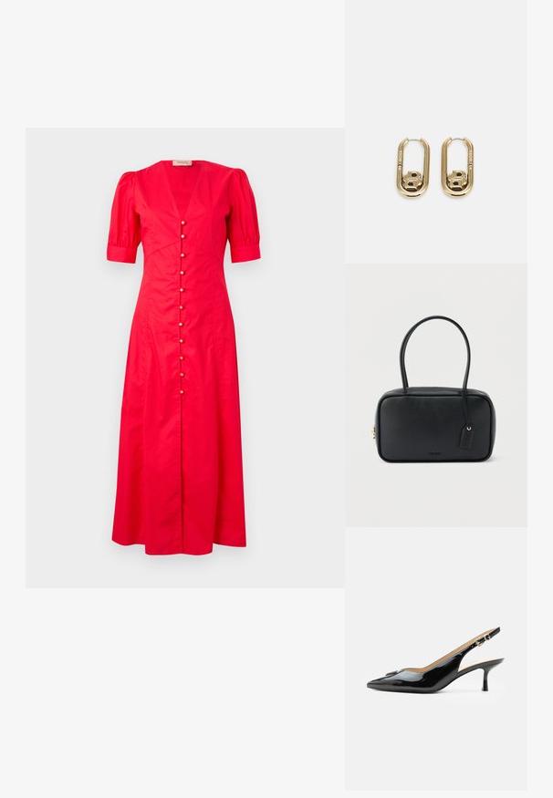 Rotes Baumwoll-Midikleid mit kurzen Puffärmeln, tiefem V-Ausschnitt und einer Frontknopfleiste mit dekorativen Knöpfen in der Mitte.; Schwarzer Pumps mit Riemchen aus Lackleder, spitz zulaufender Zehenpartie, kleinem Kitten-Heel und silberner Schnalle auf weißem Hintergrund.; Schwarze rechteckige Handtasche mit doppelten, abgerundeten Griffen, goldfarbenem Reißverschluss und geprägtem „HUGO“-Logo auf der Vorderseite sowie angebrachtem Lederanhänger.; BOSS DOUBLE B SWING - Ohrringe - gold-coloured
