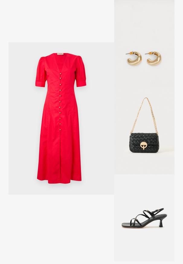 Rotes Baumwoll-Midikleid mit kurzen Puffärmeln, tiefem V-Ausschnitt und einer Frontknopfleiste mit dekorativen Knöpfen in der Mitte.; Schwarze lackierte Riemchensandalen mit quadratischer Zehenpartie und niedrigem Blockabsatz. Ausgestattet mit vergoldeten Beschlägen und verstellbaren Knöchelriemen.; Schwarze geflochtene Lederhandtasche mit goldener Kettenträger und rundem goldenen Verschluss auf der Vorderseite, vor einem schlichten, hellen Hintergrund.; Zwei glänzende goldene Creolen in einem geschwungenen Design mit orangefarbenen Akzenten nahe dem Stecker, vor einem schlichten weißen Hintergrund.