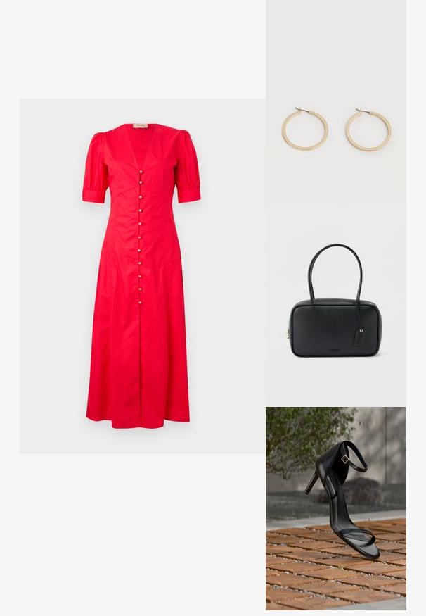 Rotes Baumwoll-Midikleid mit kurzen Puffärmeln, tiefem V-Ausschnitt und einer Frontknopfleiste mit dekorativen Knöpfen in der Mitte.; Schwarze Sandalette mit hohem Absatz und Knöchelriemen schwebt über einem Holzboden im Freien vor verschwommenem Grün und Steinhintergrund.; Schwarze rechteckige Handtasche mit doppelten, abgerundeten Griffen, goldfarbenem Reißverschluss und geprägtem „HUGO“-Logo auf der Vorderseite sowie angebrachtem Lederanhänger.; Paar mittelgroße, glatte Creolen in Goldton mit Scharnier-Verschlüssen auf einem einfarbigen hellen Hintergrund.