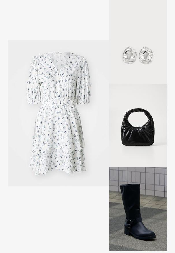 Vestido floral blanco con patrones azules, mangas cortas abullonadas, escote en forma de V, cierre de botones, cintura fruncida y dobladillo con volantes en capas.; Bota negra de cuero hasta la mitad de la pantorrilla con un tacón bajo de bloque y una correa decorativa con hebilla metálica alrededor del tobillo, sobre un pavimento de baldosas.; Bolso negro acolchado con un asa redondeada, que presenta una superficie lisa y brillante y una textura suave y acolchada. Sin herrajes ni acentos visibles.; Pendientes de studs en forma abstracta de plata con un acabado pulido, que presentan curvas suaves y contornos sutiles. Sin patrones o acentos visibles.