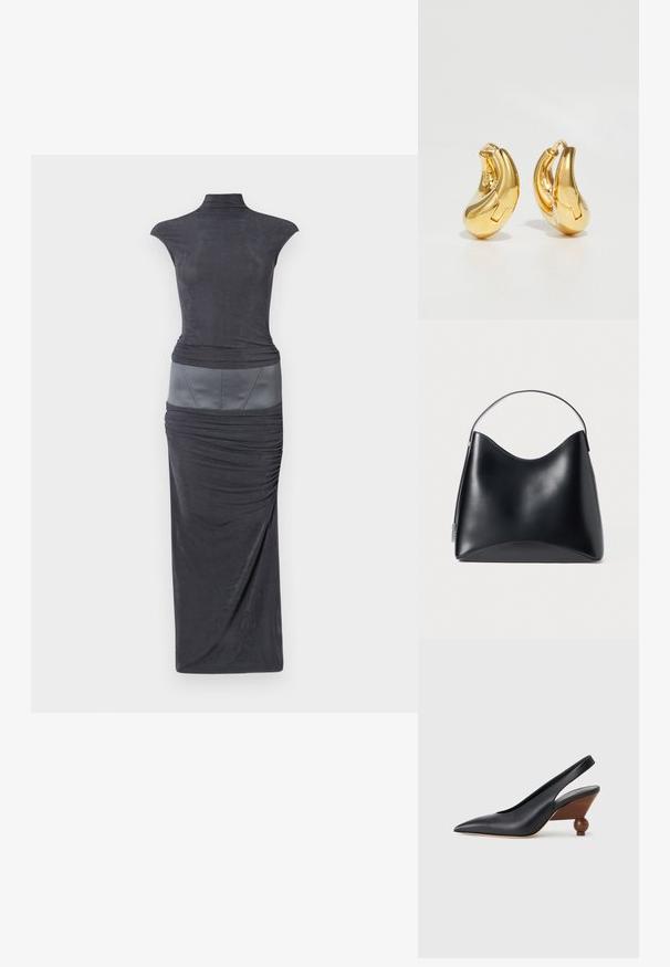 Robe ajustée gris foncé avec un col montant, des manches courtes, un corps froncé, et un panneau lisse gris en accent à la taille. Design long et fluide.; Chaussure à bout pointu noire avec bride arrière, talon bloc arrondi en bois et dessus en cuir lisse sur fond gris clair.; Sac en cuir noir au design lisse et structuré, avec un dessus arrondi et une courte anse. Minimaliste, sans accents de quincaillerie visibles.; Boucles d'oreilles en or en forme de d'anneaux lisses et courbés avec une finition polie. Équipées d'un mécanisme de fermeture et de légères indentations pour le détail.