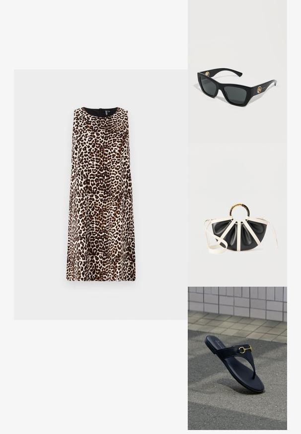 Ærmeløs kjole i en tætsiddende silhuet med leopardmønster i brune og sorte nuancer på en beige baggrund, med rund halsudskæring.; Sort læder thongsandal med gyldent heste-bid detaljeret på asfaltbund og flisevæg i baggrunden.; Sorte rektangulære solbriller med mørke linser og guldlogo-accents på siderne, hvilende på en lysegrå overflade.; Sort-hvid halvcirkelformet håndtaske med folder, et rundt håndtag af skildpaddeskjold og guld samt en hvid justerbar skulderrem.