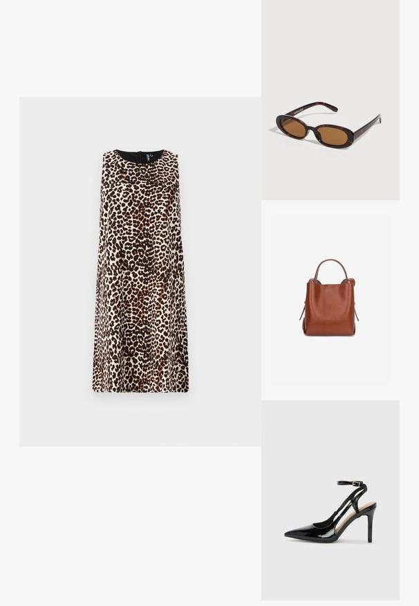 Ærmeløs kjole i en tætsiddende silhuet med leopardmønster i brune og sorte nuancer på en beige baggrund, med rund halsudskæring.; Sorte laklæder højhælede slingback-sko med spids tå, justerbar ankelrem og åben sider. Glat tekstur.; Ovalformede solbriller med skildpaddemønster, brune tonede linser og tynde stænger, der hviler på en hvid overflade.; Brun læderhåndtaske med enkelt håndtag, rektangulært form og struktureret design, sat mod en helt hvid baggrund.
