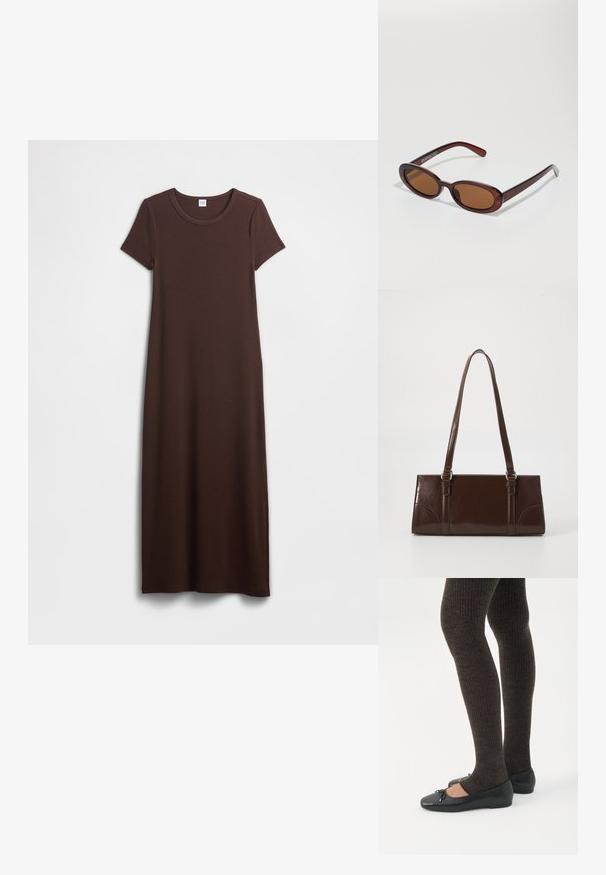 Robe maxi en coton marron avec manches courtes, col rond et texture lisse. Le design est simple et droit, offrant une coupe décontractée.; Jambes portant des leggings côtelés foncés associés à des ballerines noires avec de petits détails en nœud sur fond blanc.; Lunettes de soleil rondes teinte brun avec une monture bordeaux brillante. Branches fines avec un détail de marque subtil. Design de verres plats.; Sac à main en cuir verni marron de forme rectangulaire, avec deux longues poignées et des accents courbés subtils à l'avant.