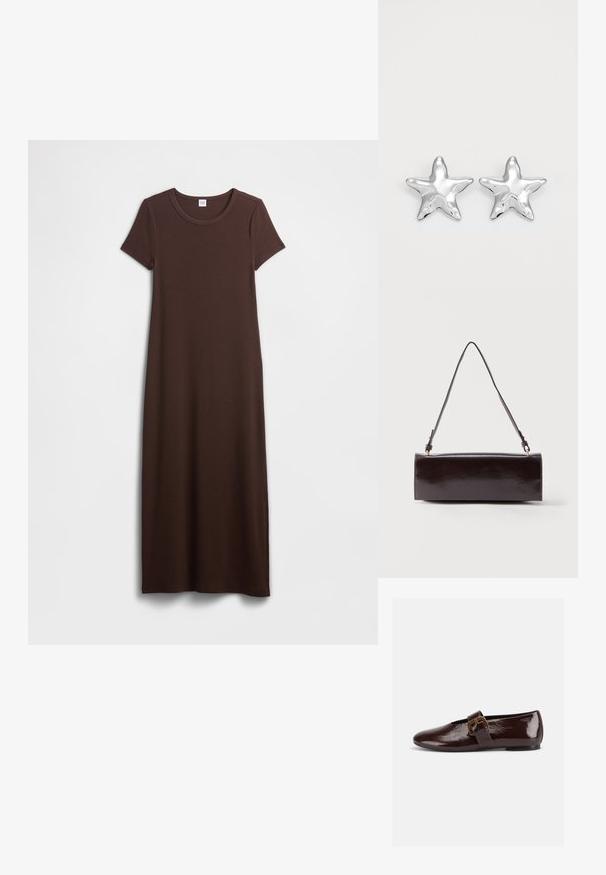 Braunes Baumwoll-Maxikleid mit kurzen Ärmeln, rundem Ausschnitt und glatter Textur. Das Design ist schlicht und gerade geschnitten und bietet eine lockere Passform.; Dunkelbrauner Lacklederschuh mit großer goldener Schnalle und abgerundeter Spitze, seitlich vor weißem Hintergrund dargestellt.; Rechteckige schwarze Ledertasche mit einem einzelnen langen Riemen und glänzendem Finish, vor einem schlichten weißen Hintergrund präsentiert.; Silberne sternförmige Ohrringe mit einer polierten, glänzenden Oberfläche. Jeder Ohrring hat fünf Spitzen und dezente Oberflächentexturdetails.