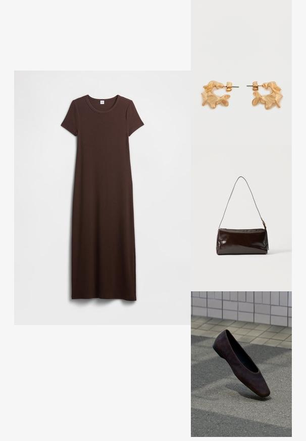 Vestido largo de algodón marrón con mangas cortas, escote redondo y textura suave. El diseño es simple y de corte recto, proporcionando un ajuste relajado.; Zapato plano marrón oscuro flotando sobre un suelo texturizado con una pared de azulejos de fondo.; Bolso de hombro rectangular de cuero marrón oscuro con una única correa delgada y hebilla dorada sobre un fondo liso.; Pendientes de tono dorado con una forma abstracta y orgánica, que presentan una superficie texturizada y un cierre de poste trasero.