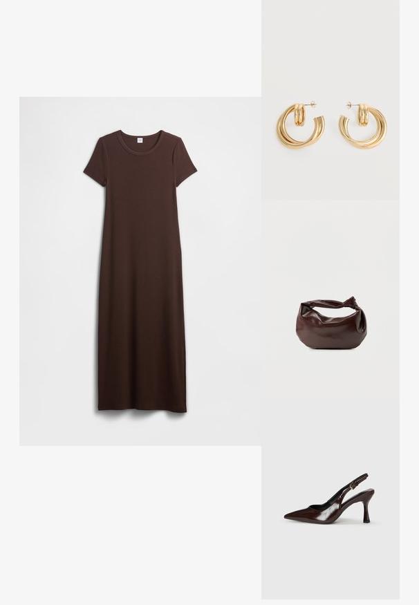Braunes Baumwoll-Maxikleid mit kurzen Ärmeln, rundem Ausschnitt und glatter Textur. Das Design ist schlicht und gerade geschnitten und bietet eine lockere Passform.; Braune lackleder Slingback-Absätze mit spitzem Zehen, einem dünnen Absatz und einem verstellbaren Riemen mit einer kleinen Schnalle.; Dunkelbraune Lederschultertasche mit weicher, lockerer Form und einem gedrehten Knotengriff vor schlichtem weißem Hintergrund.; Paar glänzende goldene Doppel-Loop-Creolen mit Steckverschlüssen vor weißem Hintergrund.