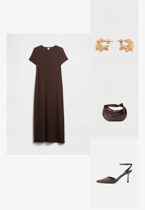 Braunes Baumwoll-Maxikleid mit kurzen Ärmeln, rundem Ausschnitt und glatter Textur. Das Design ist schlicht und gerade geschnitten und bietet eine lockere Passform.; Brauner Veloursleder-Pumps mit spitz zulaufender Spitze, dünnem Knöchelriemen und silberner Schnalle vor weißem Hintergrund.; Dunkelbraune Lederschultertasche mit weicher, lockerer Form und einem gedrehten Knotengriff vor schlichtem weißem Hintergrund.; Ohrstecker in Goldoptik mit abstrakter, organischer Form, die eine strukturierte Oberfläche und einen Steckverschluss aufweisen.
