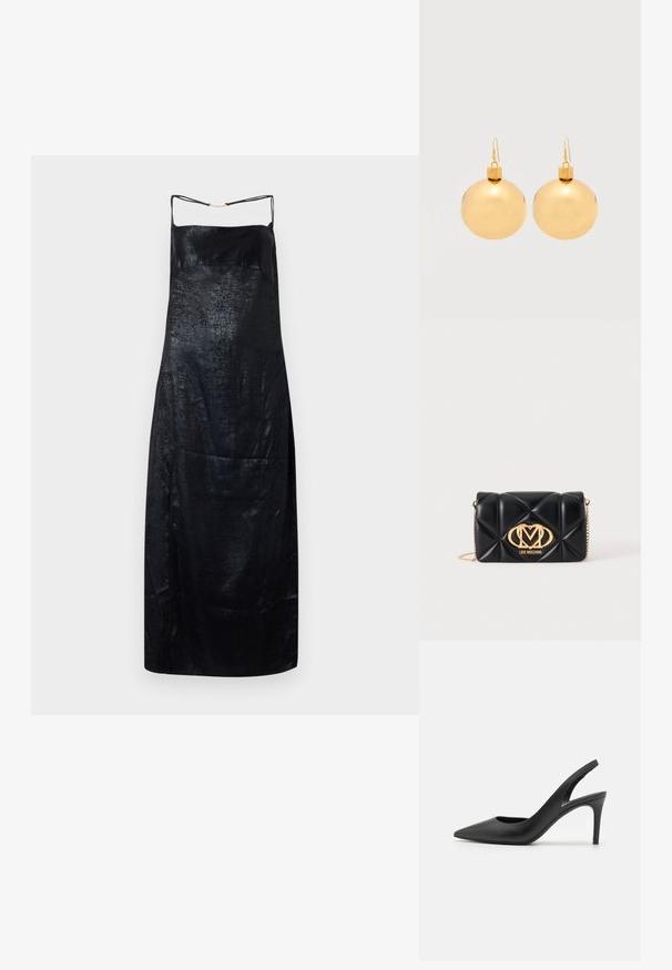 Vestido negro de seda con una textura suave, con tirantes finos y un brillo sutil. Silueta simple y recta con un detalle mínimo.; Zapatos de tacón alto de cuero negro con diseño de punta afilada, que presentan un corte en la parte delantera y un delgado tacón de aguja.; Bolso de mano negro de cuero acolchado con asa de cadena dorada y gran logo dorado de Love Moschino en el frente.; Par de pendientes de bola navideña dorados brillantes con cierre de gancho sobre un fondo blanco liso.