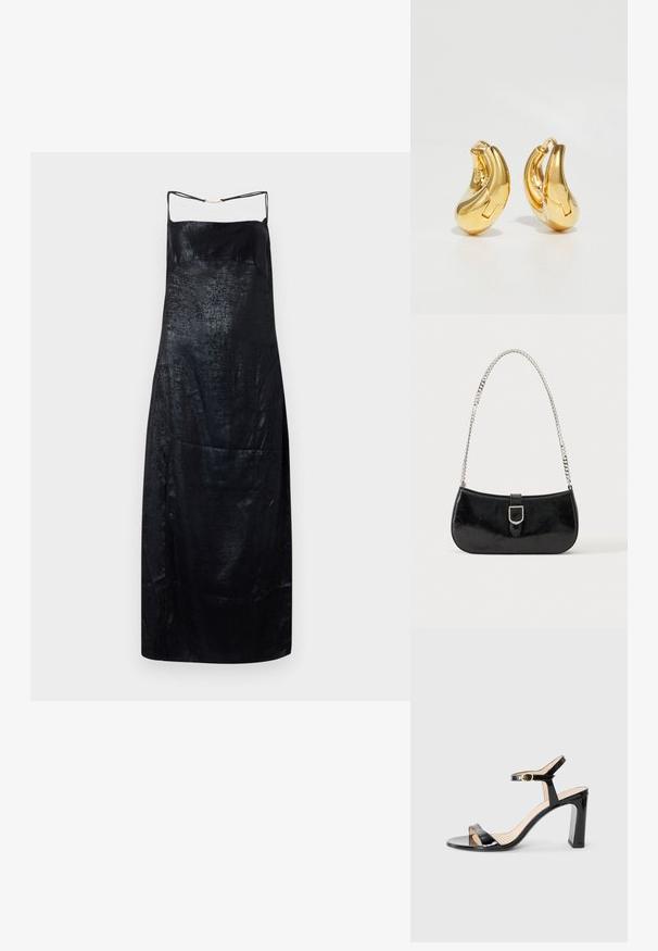 Zwart slipdress van satijn met een gladde textuur, voorzien van dunne bandjes en een subtiele glans. Eenvoudige, rechte silhouet met minimale details.; Zwarte patenten leren hoge hakken sandaal met enkelbandje, open teen en vierkante hak. Vlotte textuur en minimalistisch ontwerp.; Zwarte lakleren schoudertas met een zilveren gespdetail en een zilveren kettingriem, getoond tegen een effen lichte achtergrond.; Gouden oorringen met een gladde, gebogen vorm en gepolijste afwerking. Bevat een sluitmechanisme en lichte inkepingen voor detail.