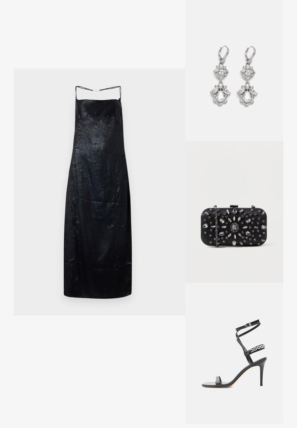Vestido negro de seda con una textura suave, con tirantes finos y un brillo sutil. Silueta simple y recta con un detalle mínimo.; Sandalia negra de tacón alto con tira delgada en el tobillo, tira en la parte media del pie decorada con eslabones de cadena plateados y diseño de punta abierta.; Clutch negro de forma rectangular, decorado con varios strass en un patrón floral, con una cadena plateada para llevar.; Pendientes de tono plateado que presentan múltiples piedras de cristal transparente en formas de lágrima y marquesa, con cierres de palanca y un detallado intrincado.