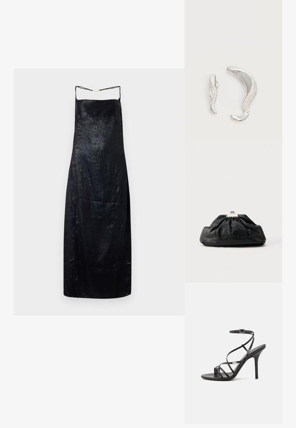Vestido negro de seda con una textura suave, con tirantes finos y un brillo sutil. Silueta simple y recta con un detalle mínimo.; Sándalo negro de tacón alto con tiras finas, hebilla en el tobillo, superficie de cuero suave y tacón de aguja esbelto.; Bolso de mano de cuero negro con textura recogida, cierre de broche metálico y logo en relieve sutil en el frente. Forma redondeada.; Dos pendientes de plata curvados, uno más grande que el otro, ambos adornados con pequeños cristales brillantes a lo largo de un borde.