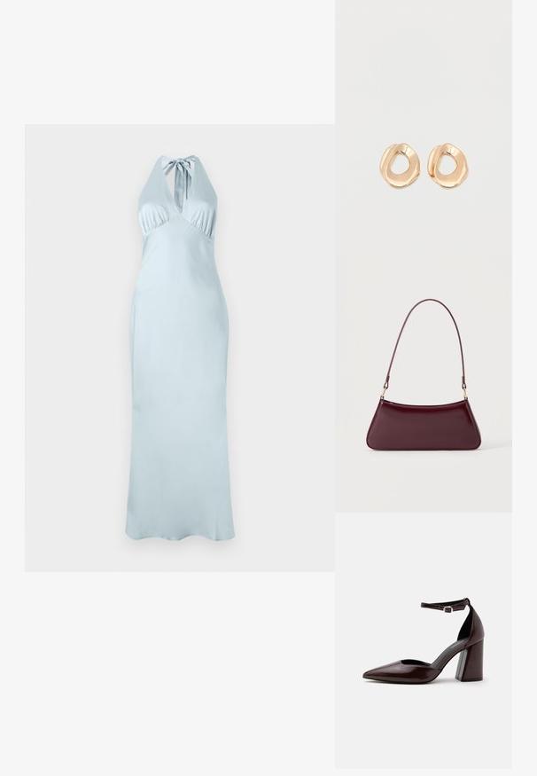 Robe halter bleu clair avec un corsage ajusté, des détails plissés et une silhouette longue et fluide en tissu doux. Aucun motif ni accent visible.; Chaussure à talon haut en cuir marron foncé à bout pointu, avec bride à la cheville et boucle argentée sur fond blanc.; Sac à main brillant bordeaux foncé avec une anse fine unique et une forme trapézoïdale élégante sur un fond clair uni.; Paired boucles d'oreilles en métal doré poli de forme irrégulière avec un centre ouvert sur un fond blanc uni.