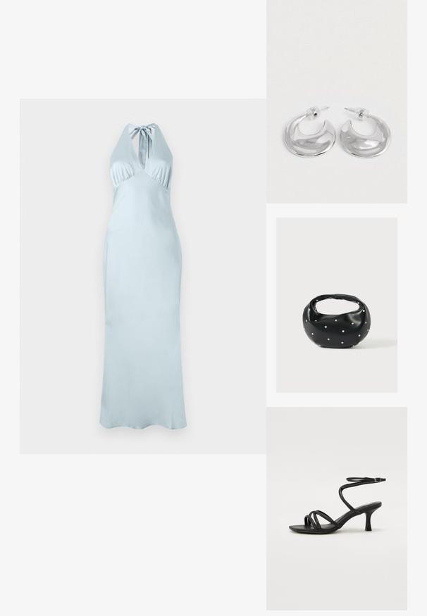 Robe halter bleu clair avec un corsage ajusté, des détails plissés et une silhouette longue et fluide en tissu doux. Aucun motif ni accent visible.; Even&Odd Wide Fit Sandales - black; Sac à main en cuir noir de forme arrondie, décoré de clous argentés et équipé d'une poignée courte. Texture lisse et fermeture éclair.; Une paire de boucles d'oreilles en croissant argenté poli avec des supports en plastique transparent sur une surface blanche.