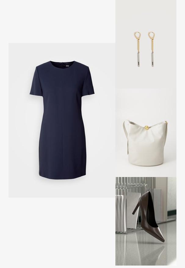 Kortærmet navy kjole lavet af glat stof, med rund halsudskæring og lynlås bagpå, samt en simpel, skræddersyet silhuet.; Mørkebrunt læderhæl med høj hæl, der svæver over en reflekterende gulvplade nær en metalhylde med hvide paneler i et rum.; Krémfarvet læder bucket taske med en gylden rund lukning, justerbar skulderrem og glat tekstur, der har minimal branding på bunden.; Guld- og sølvdråbeørenringe med lås med lukkeclips, med en guldbjælke forbundet til en sølvbjælke med indgraveret "DKNY" på en hvid baggrund.