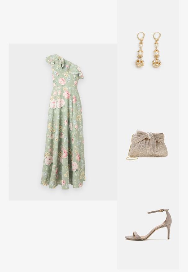 Blomster maxi kjole i lysegrønt stof, med en skulderdesign, flæseudskæring og flerfarvede blomstermønstre throughout.; Åben tå højhælet sandal i metalisk roséguld. Har en tynd ankelrem med en guldspænde accent og en struktureret overflade.; Metallic guld clutch taske med plisseret stof, der har en sløjfedetalje øverst og en gylden kædetras for alsidighed og nem bæring.; Guldtonede øreringe med perle accenter, der har en udsmykket blomsterdesign og er prydet med glitrende sten. Clip-on lukning.