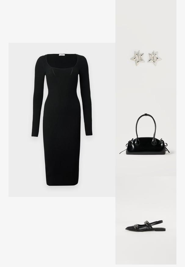 Schwarzes, geripptes Midi-Kleid mit langen Ärmeln, quadratischem Ausschnitt und figurbetontem Design. Glatte Textur mit einer körpernahen Silhouette.; Even&Odd by Zalando Sling-Ballerina - black; Kleine schwarze glänzende Handtasche mit zwei langen Griffen und seitlichen Kordelzug-Details vor einfachem hellem Hintergrund.; Silberne, sternförmige Creolen mit einer glatten, polierten Oberfläche auf weißem, schlichtem Hintergrund.