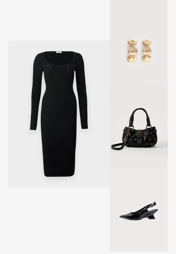 Robe midi noire côtelée à manches longues, décolleté carré et coupe ajustée. Texture lisse avec une silhouette moulante.; Chaussure slingback en cuir verni noir avec bout pointu et petit talon bloc incliné sur fond clair uni.; Sac à main en cuir noir avec boucle dorée et détails à rivets, poignées courtes et bandoulière réglable sur fond blanc uni.; Boucles d’oreilles pendantes ton or avec trois segments irréguliers, lisses et arrondis empilés verticalement sur un fond clair uni.
