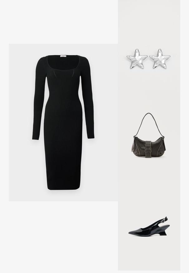 Schwarzes, geripptes Midi-Kleid mit langen Ärmeln, quadratischem Ausschnitt und figurbetontem Design. Glatte Textur mit einer körpernahen Silhouette.; Schwarzer Slingback-Schuh aus Lackleder mit spitzer Spitze und niedrigem, schrägem Blockabsatz auf einfachem hellem Hintergrund.; Schwarze Leder-Schultertasche mit Schnallengurt-Detail, abgerundeten Kanten und kontrastierenden weißen Nähten auf schlichtem Hintergrund.; Silberne sternförmige Ohrringe mit einer polierten, glänzenden Oberfläche. Jeder Ohrring hat fünf Spitzen und dezente Oberflächentexturdetails.