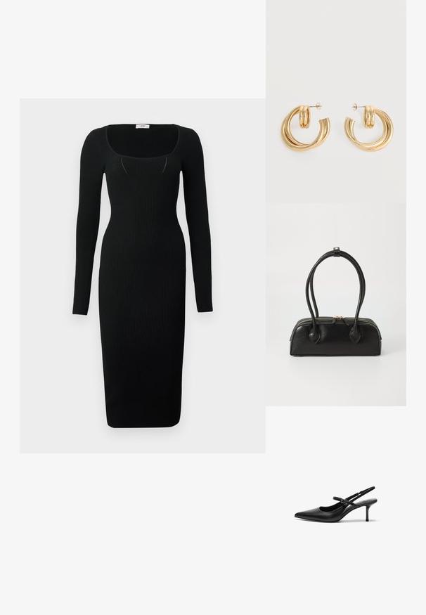 Schwarzes, geripptes Midi-Kleid mit langen Ärmeln, quadratischem Ausschnitt und figurbetontem Design. Glatte Textur mit einer körpernahen Silhouette.; Schwarze Leder Slingback-Absätze mit einer spitzen Zehenform, schmalem verstellbarem Riemen und einem etwa 5 cm hohen Stiletto-Absatz, glatte Textur.; Schwarze Lederhandtasche mit zwei verlängerten Griffen, Reißverschluss und runder Form; glatte Textur mit subtiler glänzender Oberfläche.; Paar glänzende goldene Doppel-Loop-Creolen mit Steckverschlüssen vor weißem Hintergrund.