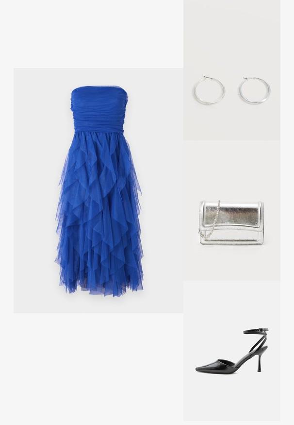 Robe sans manches bleu avec un buste froncé et une jupe en tulle à couches qui cascade. Le matériau est léger et texturé, créant du volume.; Escarpin noir à bout pointu avec fines brides de cheville et fermeture à boucle argentée sur fond clair uni.; Pochette métallique argentée avec une texture lisse, fermeture rabat et une bandoulière en chaîne. Présente un design rectangulaire structuré et des accents cousus.; Boucles d’oreilles créoles en métal argenté avec une surface lisse légèrement incurvée et des fermoirs à clapet sur un fond blanc uni.