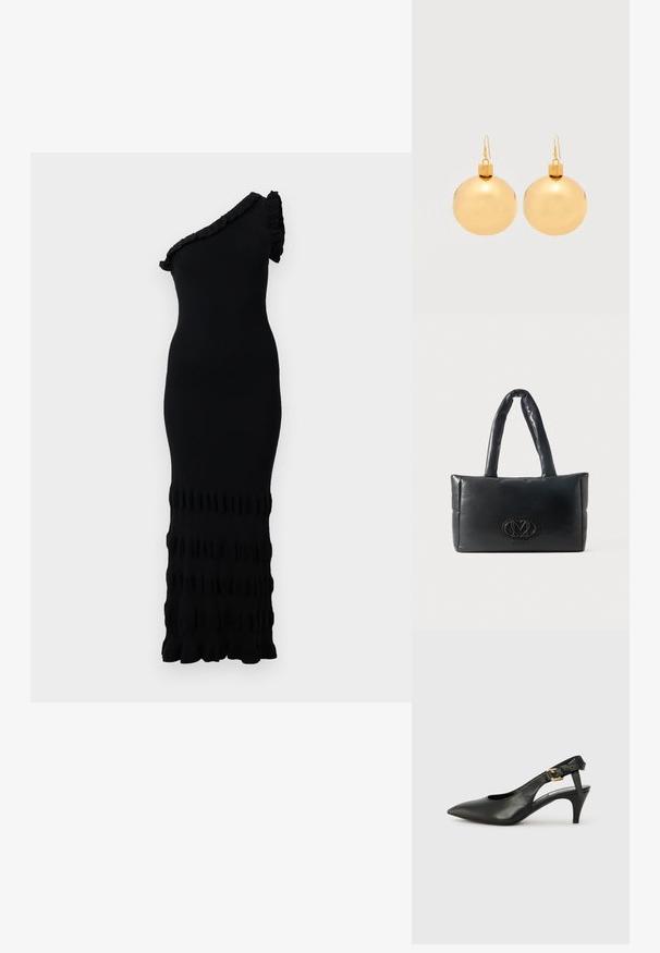 Sort en-skulder kjole, ribbet tekstur, tætsiddende silhuet, flæser ved skulder og kant, midi-længde med vandrette flæser.; Sorte læderslingback pumps med spids tå, lille hæl og en spænde detalje på ankelremmen. Glat tekstur, minimalistisk design.; Sort rektangulær polstret håndtaske med to polstrede håndtag og et centralt præget logo på frontpanelet.; Par af skinnende gyldne julekugleøreringe med krog-lukninger på en ensfarvet hvid baggrund.