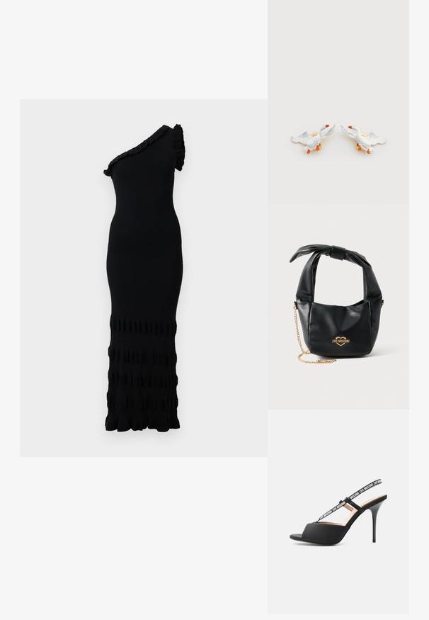 Sort en-skulder kjole, ribbet tekstur, tætsiddende silhuet, flæser ved skulder og kant, midi-længde med vandrette flæser.; Sort højhælet åben tå sandal med tynde stropper mærket "LOVE MOSCHINO" over foden og omkring anklen.; Sort blød læder Love Moschino håndtaske med knyttet håndtag og guldkæde-strop på hvid baggrund.; Keramiske andeformede ørestikker med hvide kroppe, orange næb og guldfarvet metal, med hævede vinger og detaljerede teksturer.