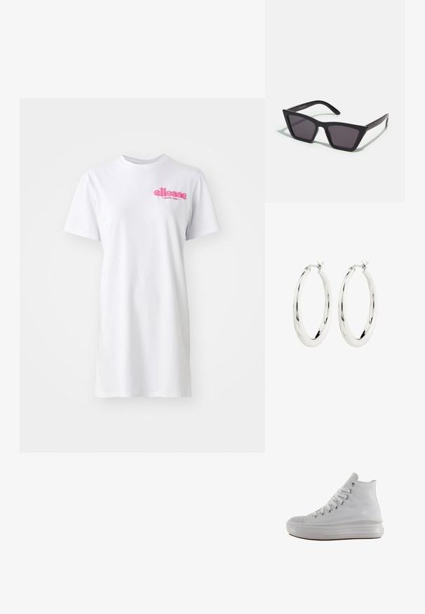 Vestido corto de camiseta blanco de manga corta hecho de algodón, con un escote redondo y un logo rosa de "ellesse" en la parte izquierda del pecho.; Zapatilla de lona blanca de caña alta con cordones blancos, ojales metálicos, suela gruesa de goma y puntera texturizada, mirando hacia la izquierda sobre un fondo blanco.; Gafas de sol negras y angulares con lentes grises; fabricadas en plástico, con varillas gruesas de superficie suave y sin herrajes visibles.; Pendientes de aro de plata con un acabado suave y brillante. Forma circular, con un cierre seguro. Diseño sencillo y elegante.