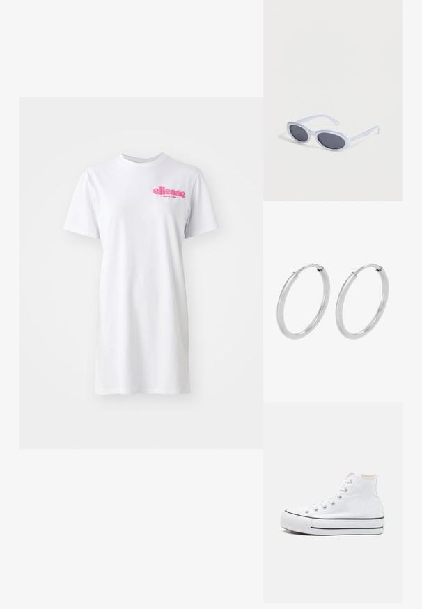 Vestido corto de camiseta blanco de manga corta hecho de algodón, con un escote redondo y un logo rosa de "ellesse" en la parte izquierda del pecho.; Zapatillas altas blancas de material de lienzo, con suela de goma negra y una franja negra en el mediopie. Punta circular y diseño de cordones.; Gafas de sol ovaladas con montura blanca y lentes tintadas oscuras descansando sobre una superficie blanca.; Pendientes de aro de plata, forma circular, textura lisa y brillante, y ancho constante en toda su extensión. Diseño minimalista sin acentos adicionales.