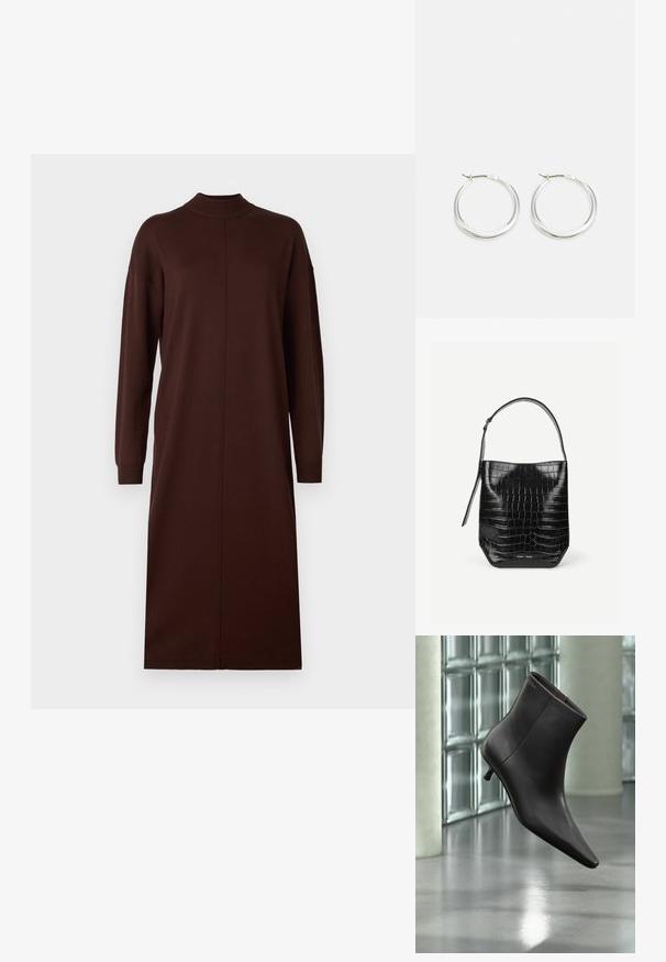 Robe longue marron à manches longues avec un col haut, une coupe droite et un design sans couture, dotée d'une fente latérale pour une liberté de mouvement.; Bottine en cuir noir avec bout pointu et petit talon, présentée devant un mur en blocs de verre et un sol poli.; Sac seau en cuir embossé noir façon croco avec une seule bandoulière et un petit logo argenté de la marque au centre en bas à l'avant.; Les boucles d'oreilles en argent en forme de créole présentent un design lisse et arrondi avec un profil fin et un fermoir sécurisé. Style minimaliste avec une finition polie.
