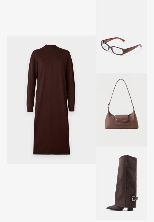 Robe longue marron à manches longues avec un col haut, une coupe droite et un design sans couture, dotée d'une fente latérale pour une liberté de mouvement.; Bottes marron montant jusqu'aux genoux, en matériau lisse, avec un bout pointu, un talon bas et un accent en boucle métallique sur le côté.; Lunettes rectangulaires teintées de brun avec une finition brillante, dotées de branches fines et de verres transparents. Logo visible sur la branche gauche.; Sac à bandoulière en cuir marron avec une poche à rabat avant ornée d'un détail en forme de nœud cousu et une sangle réglable.