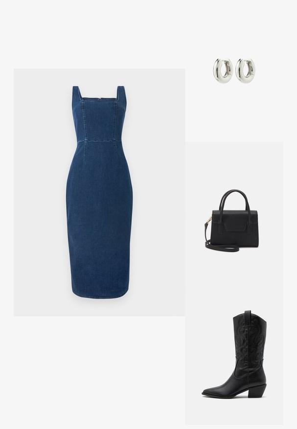 Vestido de mezclilla en azul oscuro con escote cuadrado, diseño ajustado, detalles de costura visibles y longitud midi. Textura suave sin patrones adicionales.; Botas de vaquero de cuero negro con punta afilada, patrones en relieve en espiral y un tacón de altura media. Presentan una lengüeta para facilitar el uso.; Bolso estructurado negro de cuero con un asa superior, correa de hombro desmontable y un detalle de tapa en la parte frontal. Acentos en dorado.; Pendientes de aro de plata con un diseño suave y redondeado y un acabado brillante. Presentan un cierre de bisagra sencillo para facilitar su uso.