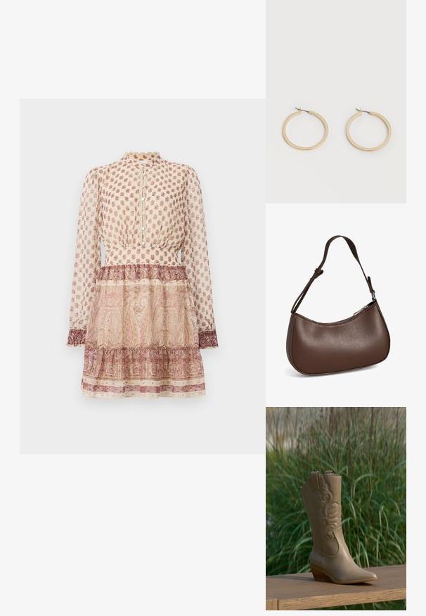 Beige pitkähihaisten mekko, jossa on ruskeat kukka- ja paisleykuviot, napitettu etuosa, korkea kaulus, vyötäröä korostava malli ja kerroksellinen hame.; Vaalean ruskean nahkainen cowboy-saapas, jossa kirjailtu kuvio ja puukorko, asetettuna puiselle pinnalle vihreän kasvin taustalla.; Pieni ruskea nahkainen olkalaukku, jossa on säädettävä hihna ja vetoketjukiinnitys, näytetään valkoista taustaa vasten. Ei näkyvää brändiä tai koristeita.; Pari sileitä, kultasävyisiä keskipitkiä rengaskorvakoruja saranakiinnityksillä yksinkertaisella vaalealla taustalla.