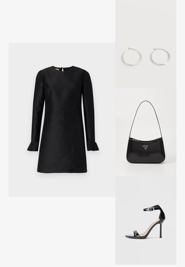 Sort kjole med lange ærmer, struktureret mønster, rund halsudskæring og flagrende manchetter. Har en nøglehulslukning bagpå.; Sort højhælet sandal i laklæder med ankelrem. Har minimalistisk design, åben tå og spænde med rhinsten-detaljer.; Sort patenteret læder skuldertaske med en buet form, prydet med et sølvfarvet trekantet logo og en lynlås-lukning. Glat tekstur og slank rem.; Sølvfarvede metaloorringe med glat, let buet overflade og låsemekanisme på en ensfarvet hvid baggrund.