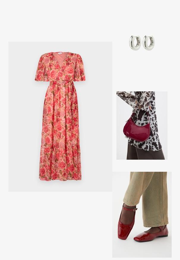 Florale maxi-jurk van lichtgewicht stof, met een v-hals, korte pofmouwen en een gelaagde zoom. Voornamelijk roze met rozenpatronen.; Rode lakleren schoenen met een vierkante neus, lage hak en enkelbandje, gecombineerd met lichtgroene wijde jeans. Glad textuur, reflecterend oppervlak.; Vrouw met een zwart-wit gebloemde blouse houdt een glanzende rode schoudertas vast tegen een effen achtergrond.; Zilveren creolen met een glad, afgerond ontwerp en een glanzende afwerking. Voorzien van een eenvoudige scharnier sluiting voor gemakkelijk dragen.
