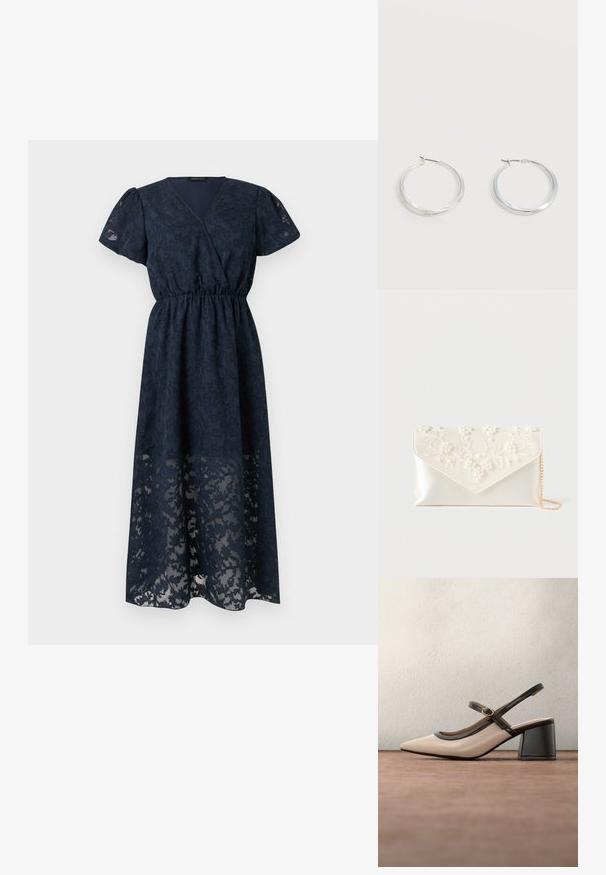 Robe midi bleu marine avec manches courtes bouffantes, col en V, taille ajustée et superposition de dentelle florale sur tissu léger.; Chaussure beige à talons hauts avec bride arrière, bout pointu, bordure noire et détail boucle. Matériau lisse à finition mate, talon moyen épais.; Pochette en satin crème avec broderie de perles et fleurs sur le rabat, et une fine chaîne dorée sur fond blanc.; Boucles d’oreilles créoles en métal argenté avec une surface lisse légèrement incurvée et des fermoirs à clapet sur un fond blanc uni.