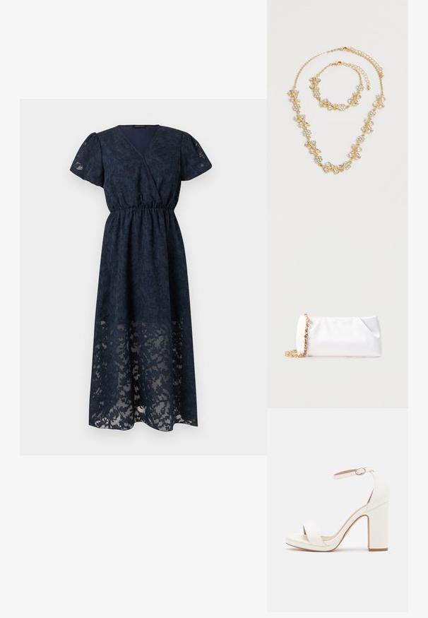 Robe midi bleu marine avec manches courtes bouffantes, col en V, taille ajustée et superposition de dentelle florale sur tissu léger.; Sandale à talon haut blanche avec une bride de cheville, design minimaliste, bout ouvert, talon carré et texture en cuir lisse.; Pochette souple blanche avec bandoulière chaîne dorée ornée de pierres précieuses transparentes, sur fond gris clair uni.; Ensemble collier et bracelet ton or avec motifs floraux et feuilles en cristal clair, tous deux avec fermoirs chaîne réglables sur fond blanc.