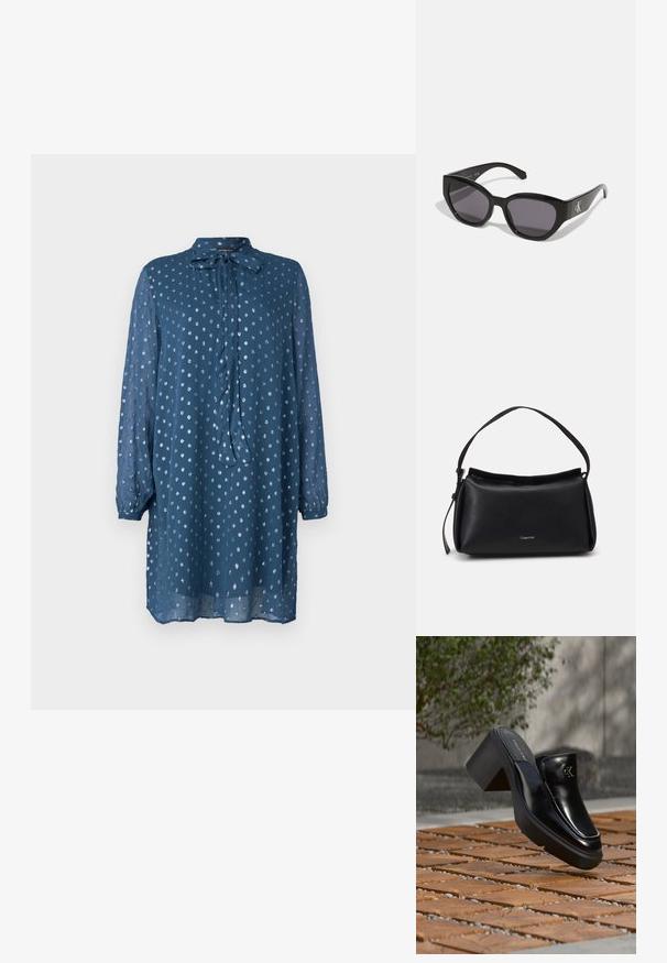 Blauwe jurk met lange mouwen in een lichte stof en een strik aan de hals. Kenmerkend is het stippenpatroon en de iets losse pasvorm, die tot halverwege de dij komt.; Zwarte leren Calvin Klein slip-on mule met blokhak rustend op houten tegels buiten, vlak bij een groene plant en een grijze muur.; Zwarte zonnebril met een strak, hoekig ontwerp, donkere lenzen en een contrasterend zilveren logo aan de zijkant. Glad kunststof oppervlak.; Zwarte leren handtas met een gebogen vorm, een enkele schouderband en een ritsluiting aan de bovenkant. Heeft een subtiel logo aan de voorkant voor branding.