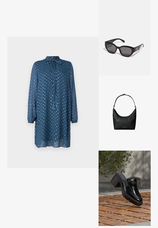 Blauwe jurk met lange mouwen in een lichte stof en een strik aan de hals. Kenmerkend is het stippenpatroon en de iets losse pasvorm, die tot halverwege de dij komt.; Zwarte leren Calvin Klein slip-on mule met blokhak rustend op houten tegels buiten, vlak bij een groene plant en een grijze muur.; Zwarte zonnebril met een strak, hoekig ontwerp, donkere lenzen en een contrasterend zilveren logo aan de zijkant. Glad kunststof oppervlak.; Zwarte gestructureerde leren schoudertas met een enkele riem en een klein Calvin Klein-logo aan de voorkant in het midden.