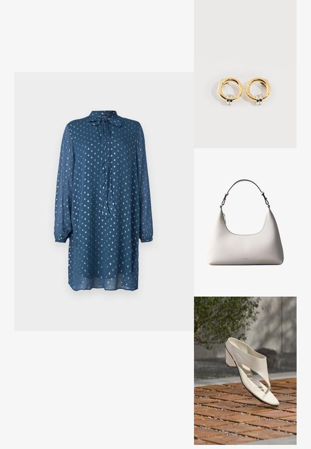 Blaues, langärmeliges Kleid aus leichtem Stoff mit einer Schleifen-Nackenpartie. Hat ein Punktmuster und einen leicht lockeren Sitz, der bis zur Mitte des Oberschenkels reicht.; Weißer Ledersandalette mit hohem Absatz, breitem Riemen und Zehensteg, im Freien auf einer Holz- und Kiesfliesenfläche mit Grün im Hintergrund gezeigt.; Cremefarbene Calvin Klein Lederschultertasche mit gebogener Oberkante, silbernem Reißverschluss und dunkelbraunem verstellbarem Riemen.; Goldene runde Ohrringe mit jeweils zwei kleinen silbernen Ringen, die dezent gravierte Markennamen zeigen, vor weißem Hintergrund platziert.