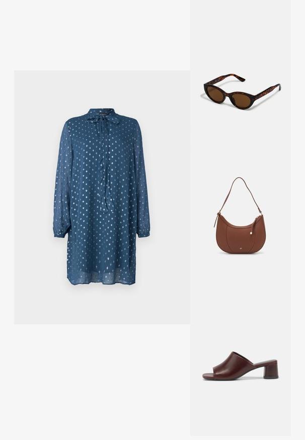 Blaues, langärmeliges Kleid aus leichtem Stoff mit einer Schleifen-Nackenpartie. Hat ein Punktmuster und einen leicht lockeren Sitz, der bis zur Mitte des Oberschenkels reicht.; Dunkelburgunderfarbene, offene Sandalen aus glattem Leder mit einem abgerundeten Design und einem stabilen Blockabsatz. Seitliche Ansicht gezeigt.; Braune Schildpatt-Sonnenbrille mit einer Vintage-Cat-Eye-Form und braunen Gläsern. Verfügt über gebogene Bügel mit roten Akzenten.; Braune Kunstleder-Schultertasche mit geschwungener Form, minimaler Naht und goldfarbener Hardware-Akzent. Verfügt über einen oberen Reißverschluss und einen verstellbaren Trageriemen.