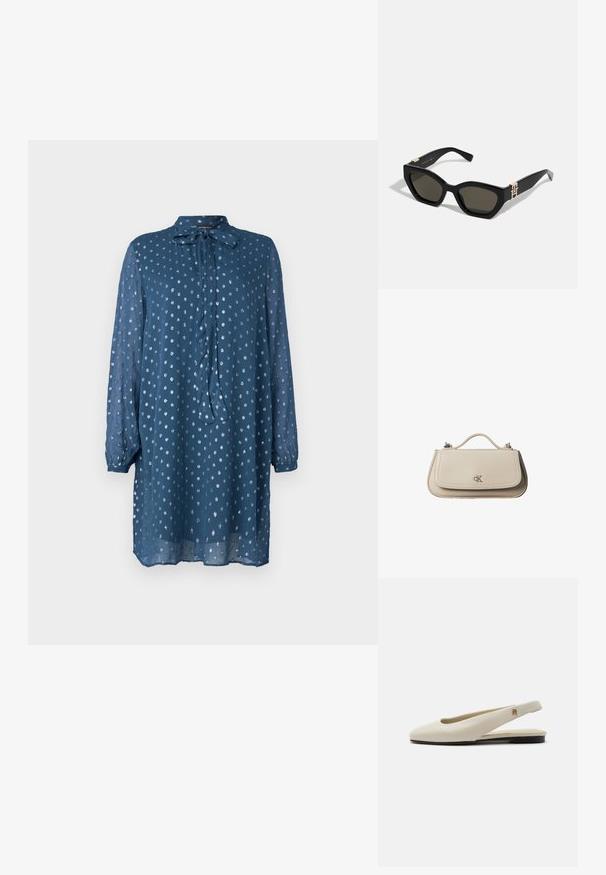 Blauwe jurk met lange mouwen in een lichte stof en een strik aan de hals. Kenmerkend is het stippenpatroon en de iets losse pasvorm, die tot halverwege de dij komt.; Crèmekleurige leren slingback platte schoen met ronde neus en klein gouden embleem op het bandje.; Tommy Hilfiger Zonnebril - black; Kleine beige leren handtas met bovenhandvat en zilveren CK-logo op de voorflap, getoond tegen een witte achtergrond.